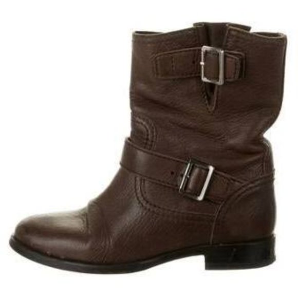 Prada Flat Double-Buckle Moto Boot in Dark Brown - Picture 2 of 8